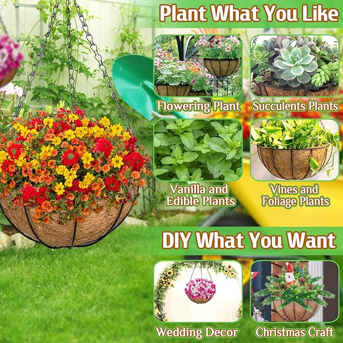 ZeeDix 2 Pack 14 Inch Metal Outdoor Hanging Baskets & Planters for Plants - Heavy Duty Round Garden Planters with Coconut Liners for Flowers, Vegetables