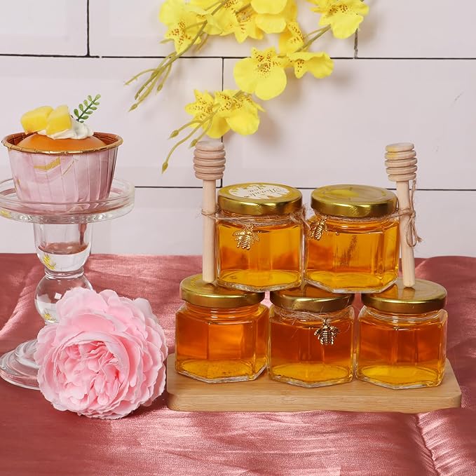 BIGIVACA 2 oz Hexagon Mini Glass Honey Jars with Wood Dippers,30 Pack Small Honey Jars with Gold Lids,Bee Pendants,Jutes,35 Bee Stickers,Perfect for Baby Shower,Wedding Favors,Party Favors