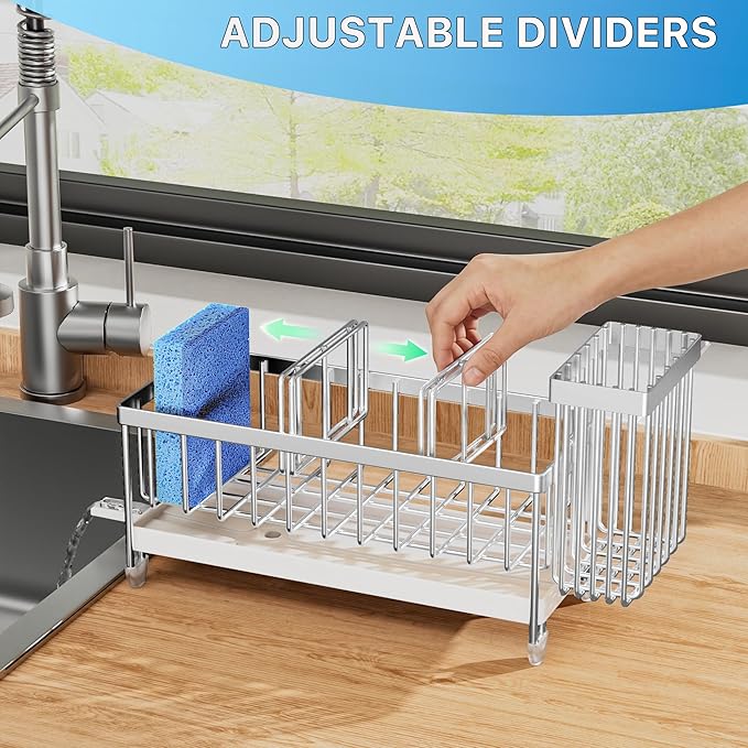 Cisily Sponge Holder for Kitchen Sink, Sink Caddy Organizer with High Brush Holder, Kitchen Countertop Organizers and Storage Essentials, Rustproof 304 Stainless Steel (Silver, 9.25″)