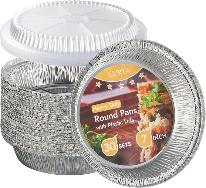 CURTA 7" Round Aluminum Foil Pans with Clear Lids | Heavy Duty | Great for Broiling, Baking, Storage, Roasting, Takeout, Air Fryer | 30 Pack