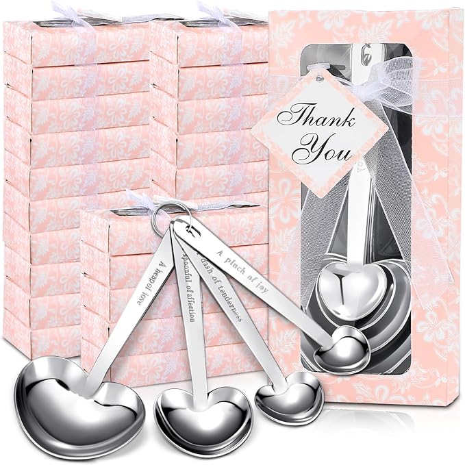 25 Set Pink Heart Shaped Measuring Spoons Stainless Steel Measure Tea Spoons for Bridal Shower Wedding Gift Birthday Tea Party Souvenirs for Guests with Individual Package (Elegant)