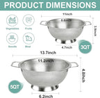 Kaishun Colander Stainless Steel 3-Quart, Kitchen Strainer for Pasta, Fruits Vegetables, Dishwasher Safe