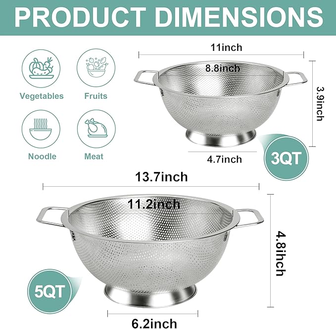 Kaishun Colander Stainless Steel 3-Quart, Kitchen Strainer for Pasta, Fruits Vegetables, Dishwasher Safe