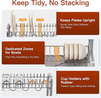 2 Tier Dish Drainer Drying Rack for Kitchen Counter Large Stainless Steel Dishes Drain with Drainboard Set, Space Saving, Big Modern Black Countertop Metal Plate Dryer Strainer Holder and Extra Tray