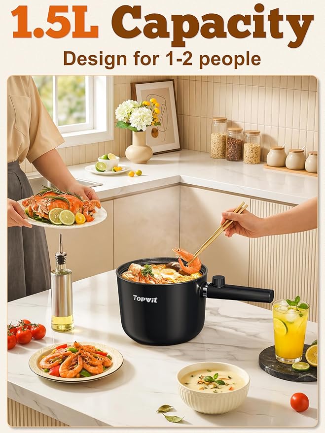 Topwit Hot Pot Electric, 1.5L Ramen Cooker, Portable Non-Stick Frying Pan, Electric Pot for Pasta, Steak, BPA Free, Electric Cooker with Dual Power Control, Over-Heating & Boil Dry Protection, Pink