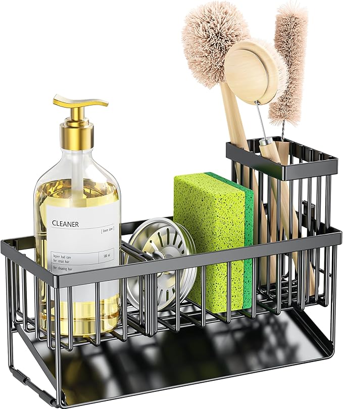 Cisily Sink Caddy Sponge Holder for Kitchen with Brush Holder and Stainless Steel Self Drain Tray, Rustproof Kitchen Sink Organizer for Sponge, Soap Dispenser Storage Accessories