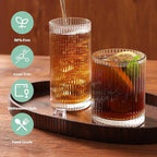 Moretoes Ribbed Drinking Glasses Set of 12, Glassware Clear Water Glass Cups, 6 Highball Glasses 12 Oz, 6 Rocks Glass 13 Oz, RibbedKitchen Bar Tumbler for Wine, Juice, Ice Coffee, Whiskey