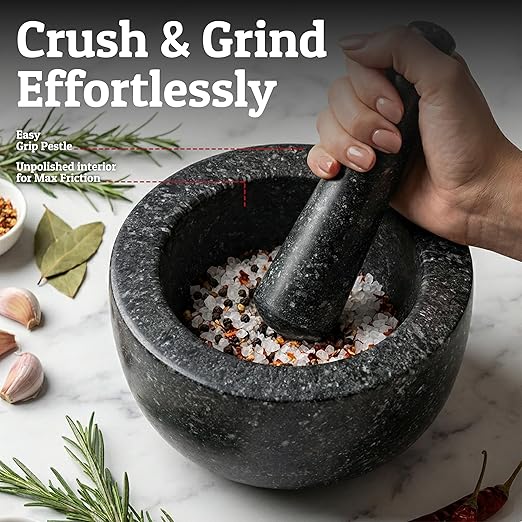 Priority Chef Heavy Duty Large Mortar and Pestle Set, 100% Granite, Non Slip Base, Make Fresh Guacamole, Salsa, Pesto, Stone Grinder Bowl, Herb Crusher, Spice Grinder, 4 Cup - Black