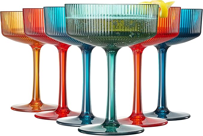 Khen Plastic Acrylic Ribbed Vintage Art Deco Martini, Champagne & Cocktail Retro Color Shatterproof Coupe Glasses | Set of 6 | 8 oz Ripple Glassware Classic Cocktail Indoor & Outdoor, European Style