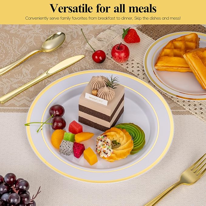 Goodluck 100PCS Gold Plastic Plates, 10.25 Inch Dinner Plate with Gold Rim, Heavy Duty Disposable Plastic Plates for Party, Wedding, Birthday & Daily Use