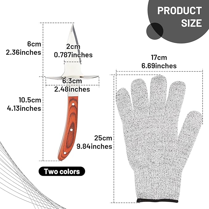 Oyster Shucking Knife Set of 2 with Cut Resistant Glove, Stainless Steel Oyster Opener Tool, Wood Handle Shellfish Shucker for Oysters Clams Scallops Mussels Seafood Tools