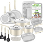 NutriChef 20-Piece Non-Stick Bakeware and Cookware Set - Utensils Including Pots and Baking Pans Made with Durable Aluminum, Tempered Glass Lids, Heat-Resistant Utensils, Easy-Clean Design (White)