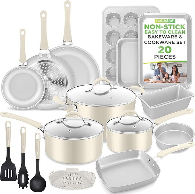 NutriChef 20-Piece Non-Stick Bakeware and Cookware Set - Utensils Including Pots and Baking Pans Made with Durable Aluminum, Tempered Glass Lids, Heat-Resistant Utensils, Easy-Clean Design (White)