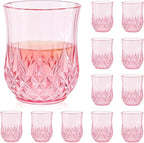 12 Pack Plastic Stemless Wine Glasses,12oz Unbreakable Vintage Elegant Drinking Glass Set,Reusable Fancy Cocktail Cups for Party, Wedding, and Bulk Events (12, 12oz-Pink)