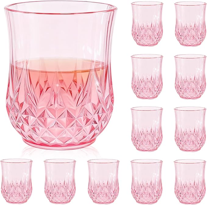 12 Pack Plastic Stemless Wine Glasses,12oz Unbreakable Vintage Elegant Drinking Glass Set,Reusable Fancy Cocktail Cups for Party, Wedding, and Bulk Events (12, 12oz-Pink)