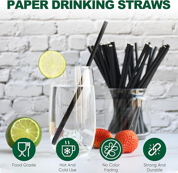 7.75 inch Disposable Black Paper Drinking Straws Bulk (Case of 4,000 ct.) - for Cocktail, Bars, Restaurants - Biodegradable