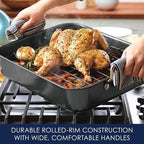 Rachael Ray Brights Hard Anodized Nonstick Roaster / Roasting Pan with Rack - 16 Inch x 12 Inch, Gray