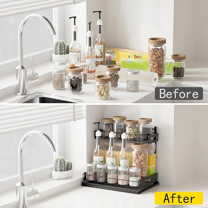 Under Sink Organizer with Pull-Out Drawers,Kitchen Sink Organizer,2 Tier Bathroom Organizers And Storage,Bathroom Accessories Set,Black 1 Pack