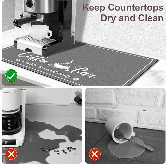 CooRug Absorbent Coffee Mat, Fashion Dish Drying Mat for Kitchen Counter Coffee Bar Accessories Espresso Machine Dish Rack 17" x 32" Dark Grey