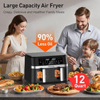 12QT Large Double Basket Air Fryer with 50PCS Paper Liners and Viewing Window, 12-in-1 Digital Touchscreen Dual Zone Air Fryers for Easy Meal, SyncCook to Roast,Reheat,Broil, Dishwasher Safe