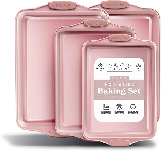 Country Kitchen Nonstick Stackable Bakeware Set - Heavy Duty, Durable, Easy Release Baking Set, Pink, 4 Pcs