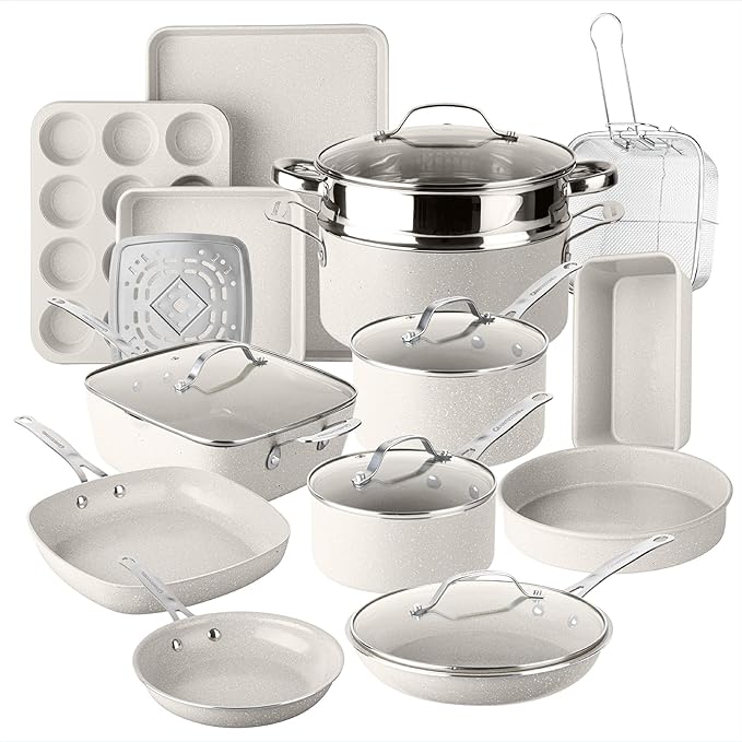Granitestone Ceraluxe 20 Pc Ceramic Cookware Set Nonstick, Complete Pots and Pans Set Non Stick with 5 Pc Bakeware Set, Deep Frying Pan Set, & Steamer, Non Toxic PFOA Free, Oven & Dishwasher Safe