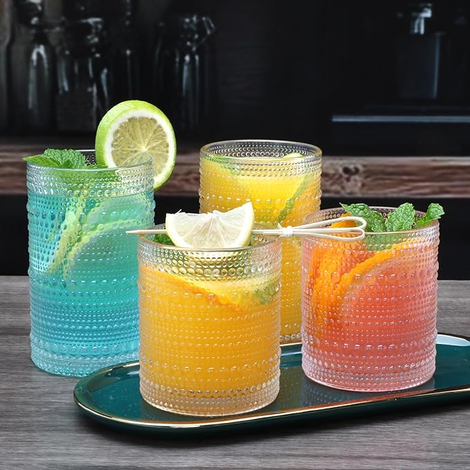 Hobnail Drinking Glasses Set of 12,12 oz Highball Glasses & 10 oz Cocktail Glasses,Clear Embossed Glass Cups,Kitchen Water Glass Cup,Bar Tumbler Glassware Set for Whiskey, Beer, Cocktail, Juice, Milk