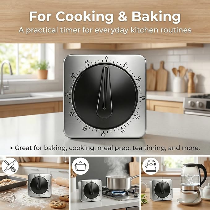 Searon Mechanical Kitchen Timer, Magnetic Manual Countdown Timer with Loud Ring, Stainless Steel, No Battery Needed, Easy to Use for Cooking and Baking