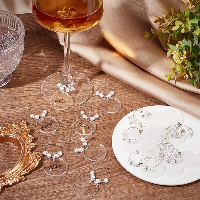 BENECREAT 20pcs Acrylic Blank Wine Glass Charms, Heart/Flat Round Charms for Birthday Holiday Wedding Party