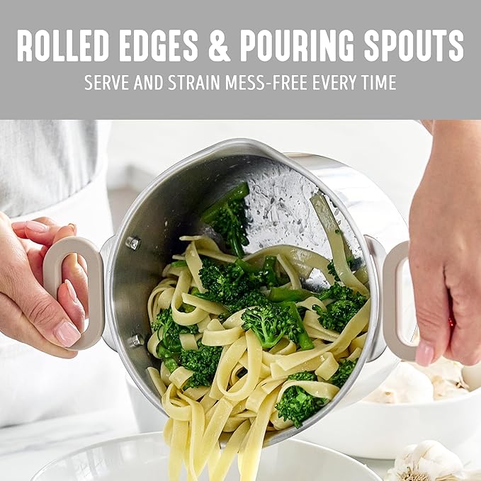 GreenLife 6 Piece Stainless Steel Cookware Set, Induction Kitchen Cooking Pots & Pans, Locking Lids, Built in Strainer, Drip-Free Pour Spouts, Silicone Handles, Saucepan, Stock Pot, Dishwasher Safe