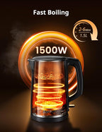 COMFEE' Electric Kettle and Tea Kettle, 1.5L Double Wall, Stainless Steel Interior, Lid & Spout, Fast Boil, Auto-Off, and Boil-Dry Protection, 1500W