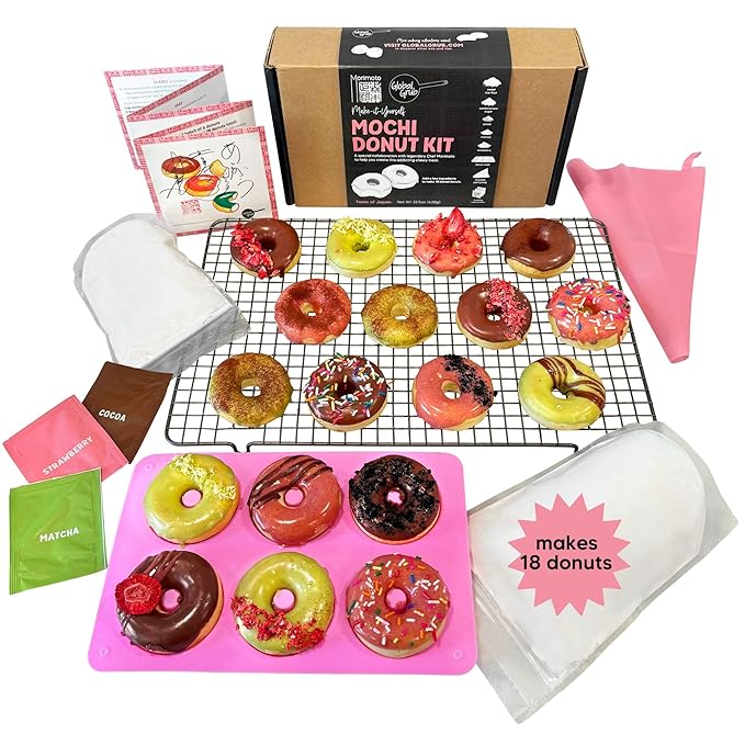 Global Grub DIY Morimoto Mochi Donut Kit - Includes Mochi Donut Mold, Reusable Piping Bag, Sweet Rice Mochi Flour, Confectioners’ Sugar, Strawberry Powder, Cocoa Powder & Matcha Green Tea Powder, Step-by-Step Instructions, Master Chef Approved, Makes 1...