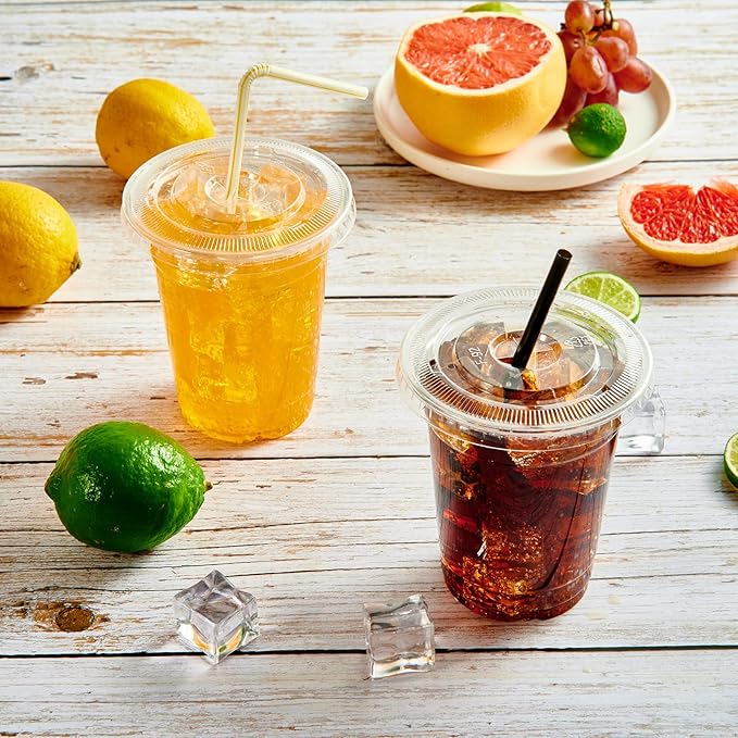 Vplus 200 Pack 12 OZ PET Clear Plastic Cups with Lids, 12 OZ Crystal Cold Disposable Drinking Plastic Cups with Flat Lids, Perfect for Ice Coffee, Smoothie, Juice