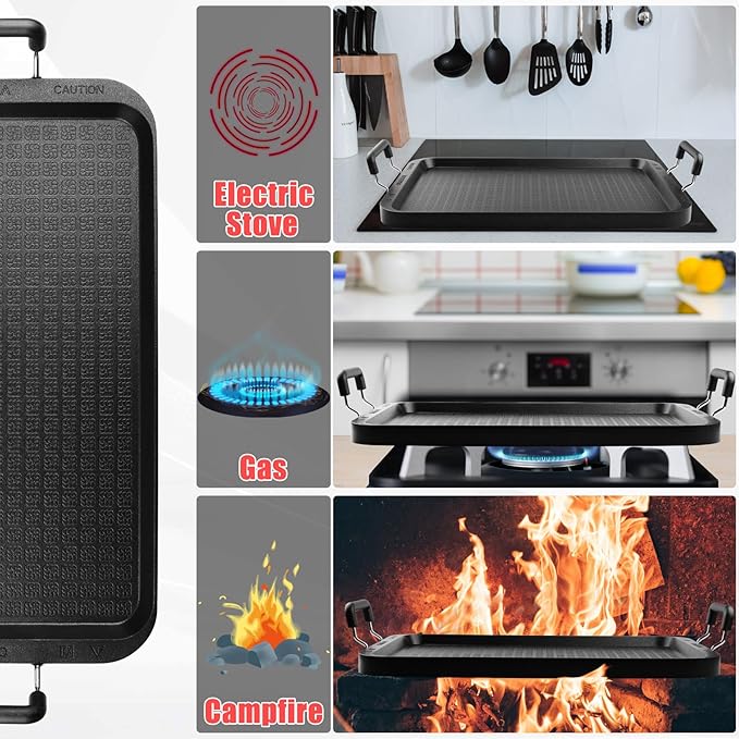 Vayepro 2 Burner Griddle Pan with Glass Lid, Stove Top Flat for Glass Stove Top, Aluminum Pancake, Non-Stick for Gas Grill, Double Burner Camping