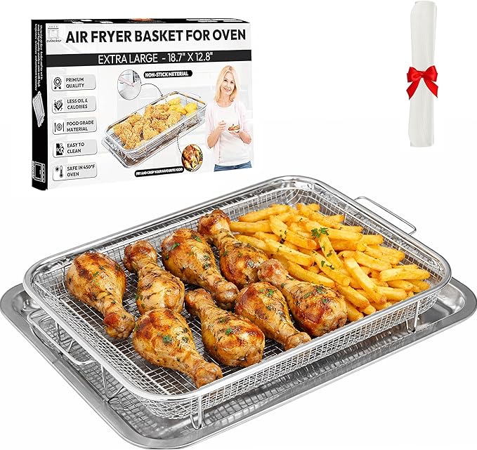 18.7" X 12.8" Extra Large Air Fryer Basket for Oven, Oven Air Fryer Basket and Tray Set With 30PCS Parchment Papers, Stainless Steel Air Fryer Pan and Crisper Tray for Frying Baking