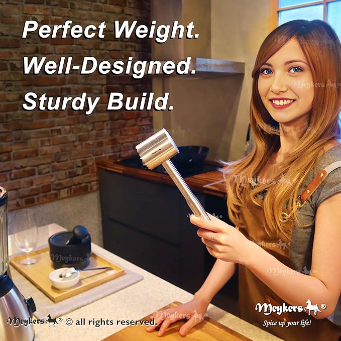 Meykers Meat Tenderizer Mallet | Dishwasher Safe | All 304 Stainless Steel | Perfect Weight | Meat Hammer Pounder Flattner Beater | for Steak Beef Chicken Pork | Kitchen Tool for Cooking