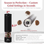 Electric Salt and Pepper Grinder Set - Battery Operated Stainless Steel Mill with Light (2 Black Mills) - Automatic One Handed Operation - Electronic Adjustable Shakers - Ceramic Grinders