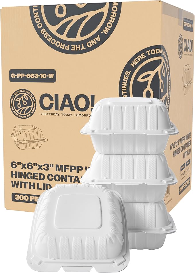 CIAO! 6"x6"x3" MFPP White Hinged Container With Lid 1 Compartment (Case of 300)