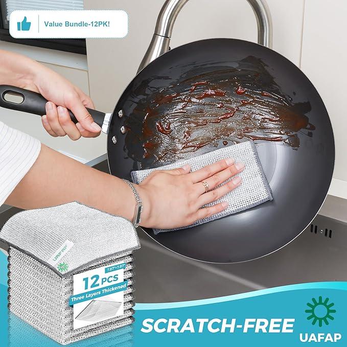 12 PCS Non Scratch Wire Dishcloth, Cleans Fast Without Scratching, Stands Up to Stuck-on Grime, Multi-Surface Safe, Wire Dishwashing Rag Cleaning Power for Everyday Jobs 7.87“ x 7.87”