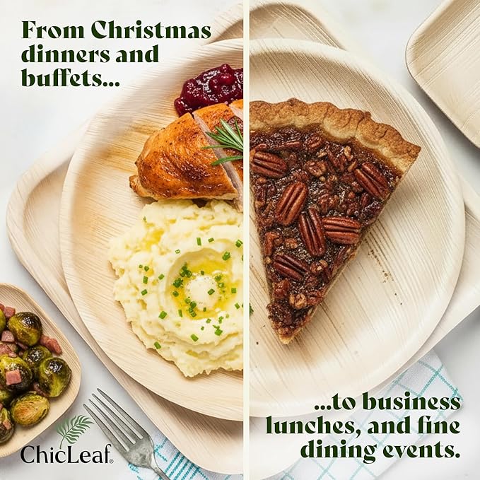 Chic Leaf Compostable & Biodegradable Palm Leaf Disposable Bamboo Plates - Disposable Party Plates for Appetizers, Christmas Dinner, Holiday Meal, Turkey - Party Supplies (4'' - 50 Pack)