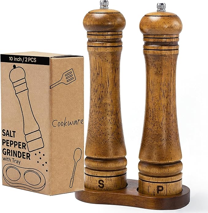 Wooden Salt and Pepper Grinder Set, Premium Oak Wood Salt Grinders Shakers, Pepper Mill with S and P Engraving, Adjustable Ceramic Grinder (10″ - 2 Packs with Tray)