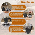No Coating 4 Cup Aluminum and Stainless Steel Moka Pot Stovetop Espresso Maker Italian Coffee Machine 220ml 7.44oz Suitable for Gas Induction Stovetop Greca Coffee Maker Percolator Black