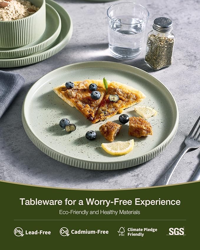 Famiware Star 16-Piece Stoneware Dinnerware Sets for 4 - Shallow Pasta Bowls & Flat Plates, Modern Rustic Reactive Glaze Dishes, Chip & Scratch Resistant, Microwave & Dishwasher Safe, Matte Sage Green