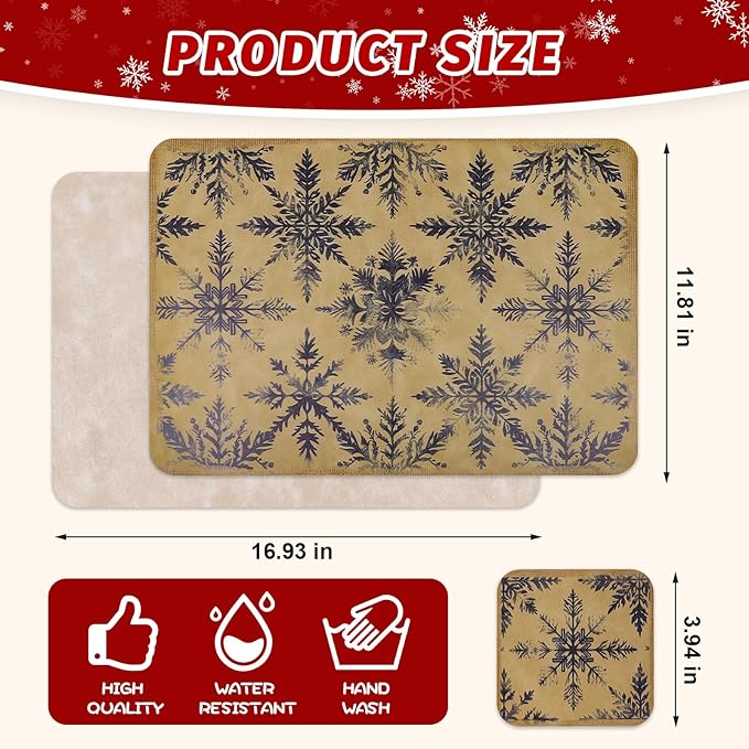 Le courant 16.9in 6PACK Winter Decoration Blue Snowflake Placemats with 6 Coasters, Reversible Faux Leather Easy Clean Waterproof Stain Resistant Place Mats, for Home Party Dining Holiday Table Decor