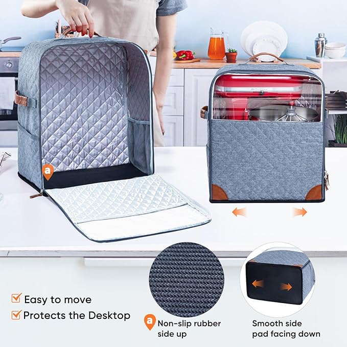BAGSPRITE Stand Mixer Cover with Appliance Sliders Base Compatible with KitchenAid Mixer-Storage Bag for 6/7/8 Quart with Pockets for Kitchen Aid Accessories and Attachments