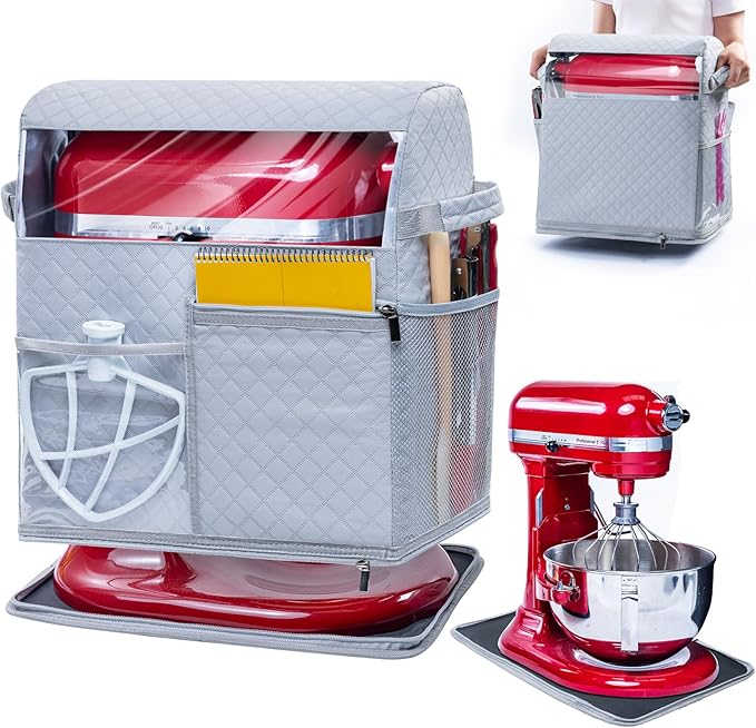 BAGSPRITE Stand Mixer Cover with Detachable Appliance Sliders Base Compatible with KitchenAid Mixer-Storage Bag for 4.5/5 Quart with Pockets for Kitchen Aid Accessories and Attachments