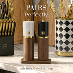 Wooden Salt and Pepper Grinder Set – Refillable Manual Salt and Pepper Mills with Adjustable Ceramic Burrs, Gold Detailing, and Wood Stand – White, Black and Acacia