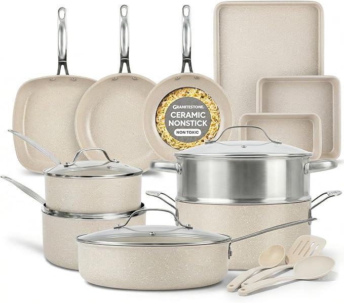 Granitestone Ceraluxe 20 Pc Ceramic Cookware Set Nonstick, Complete Pots and Pans Set Non Stick for Kitchen with Bakeware, Utensils & Steamer, Non Toxic Made Without PFOA PFOS, Oven & Dishwasher Safe