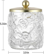 Clear Transparent Apothecary Floral Embossed Glass Jar With Gold Metal Lid Cover for Bathroom Organization, Cotton Balls, Q Tips, and Small Accessories, Bathroom Storage