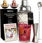 Nikita Cocktail Shaker, 5-Piece Martini Shaker & Bartender Kit with Bar Accessories Strainer, Jigger, Spoon & Muddler, Silver 16oz Drink Mixer with Bartender Accessories